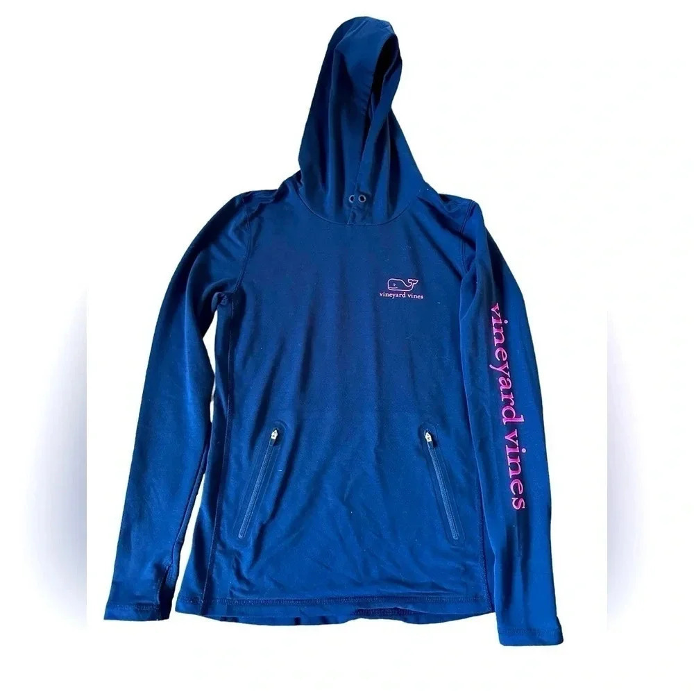 Vineyard Vines Navy Pink Logo Performance Hoodie Long Sleeve Zip Size XXS
